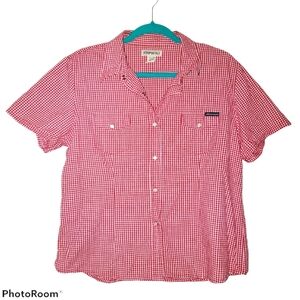 Aeropostale Women's Short Sleeve Collared Snap Up Top Red & White Check 535